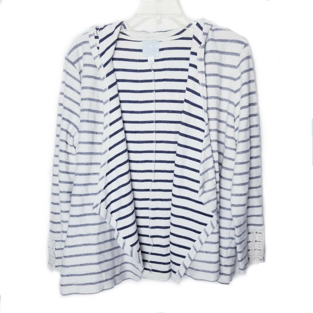 SUNDAY Stripe Open Front Hooded Cardigan Large